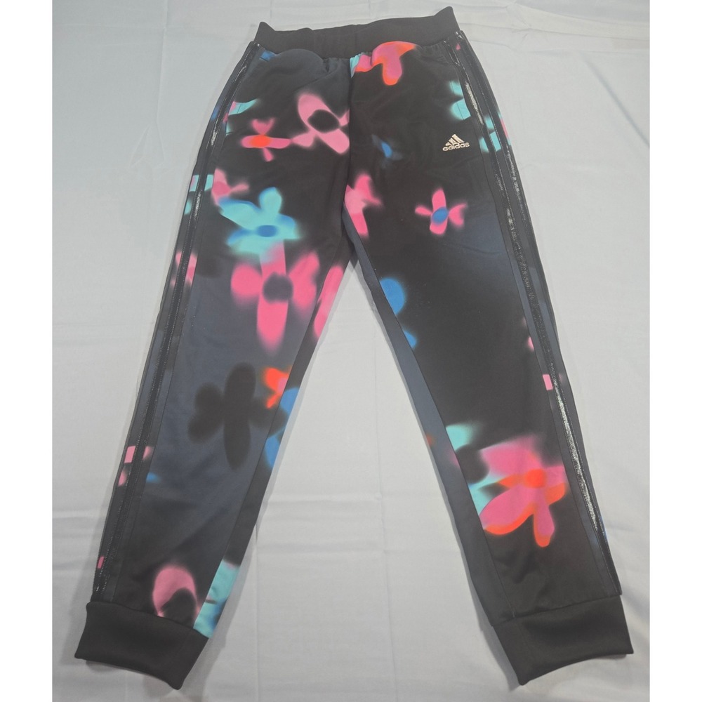 Adidas Kids Black Floral Airbrush Print Track Pants Joggers Size 10/12 M